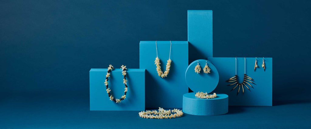 Jeanette James jewellery. Created using traditionally sourced shells and echidna quills and traditional skills