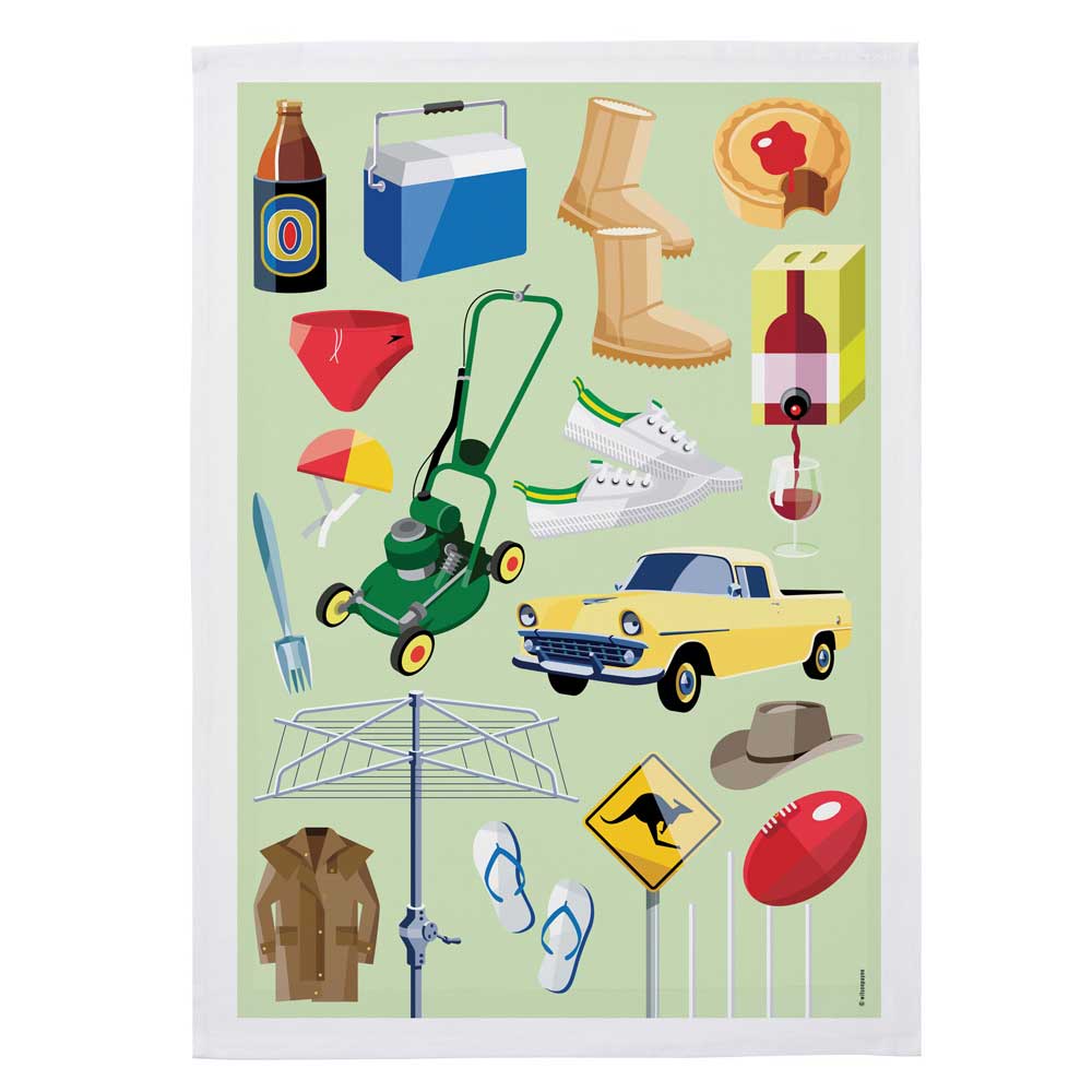Australian icons cotton Wilson Payne teatowel photographed on white background for Australian Museum Shop online