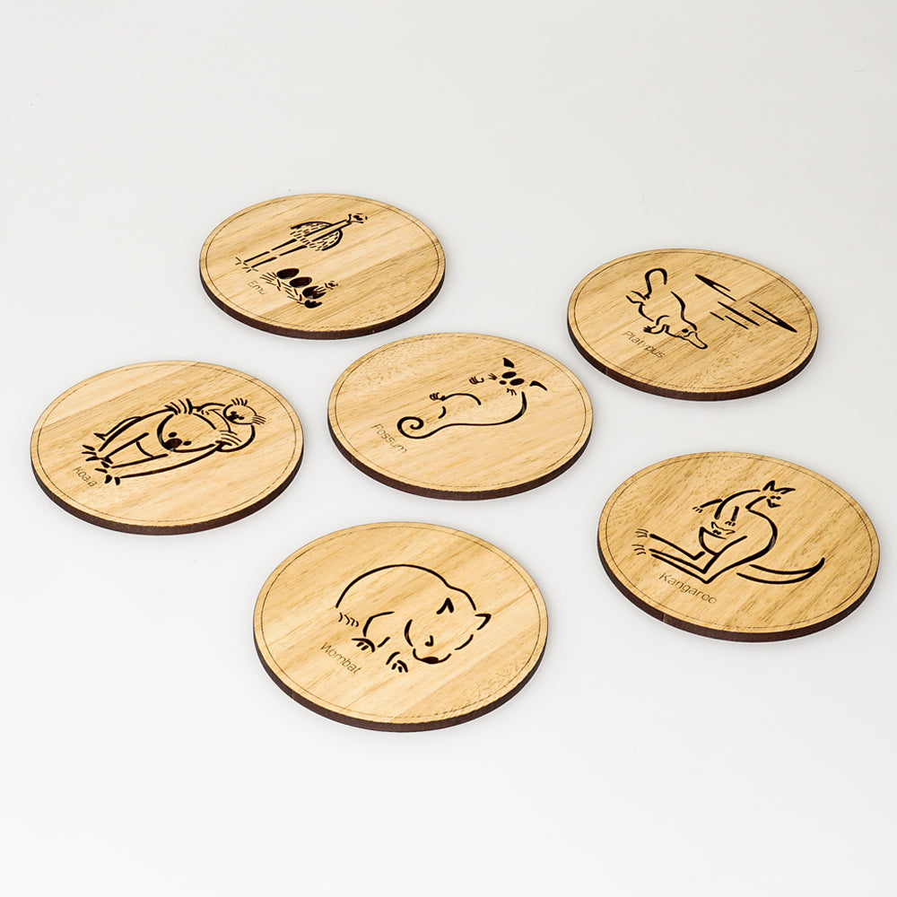 Australian native animals coasters. Handmade from Australian timber. Australian museum shop online